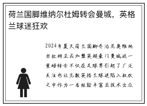 荷兰国脚维纳尔杜姆转会曼城，英格兰球迷狂欢
